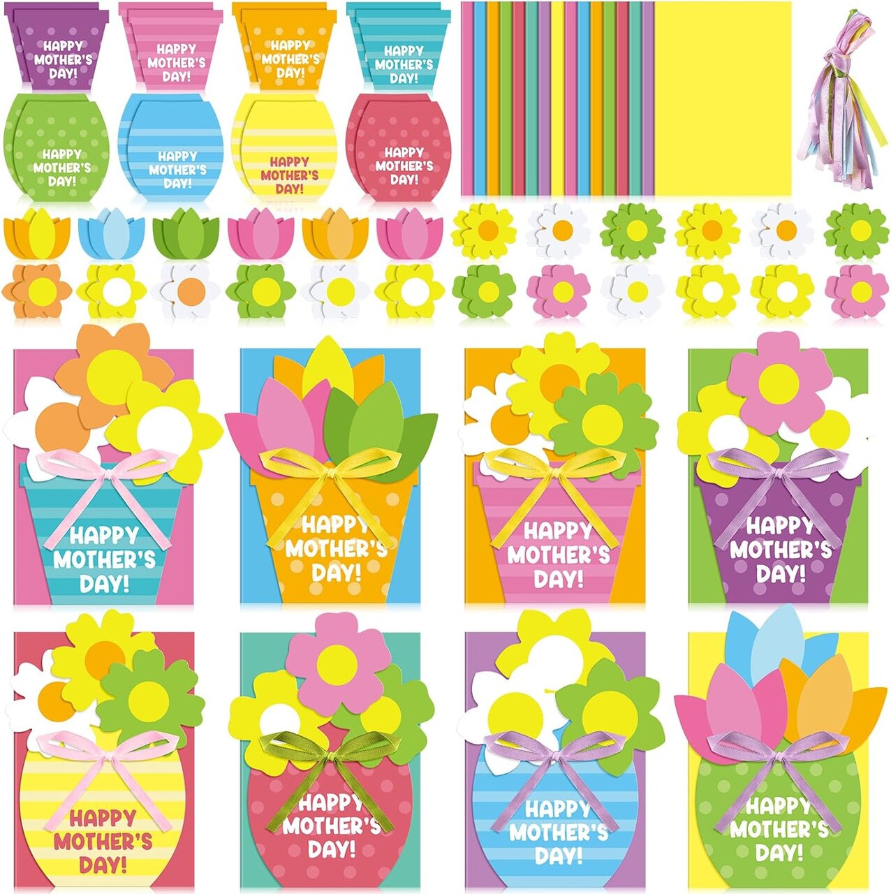 Mother’s Day Card Making Flower Pot DIY Craft Kit – 16 Set Greeting Card Making Kits with Flower Cutouts & Ribbons for Kids Handmade Mother’s Day Gifts & Home Activities